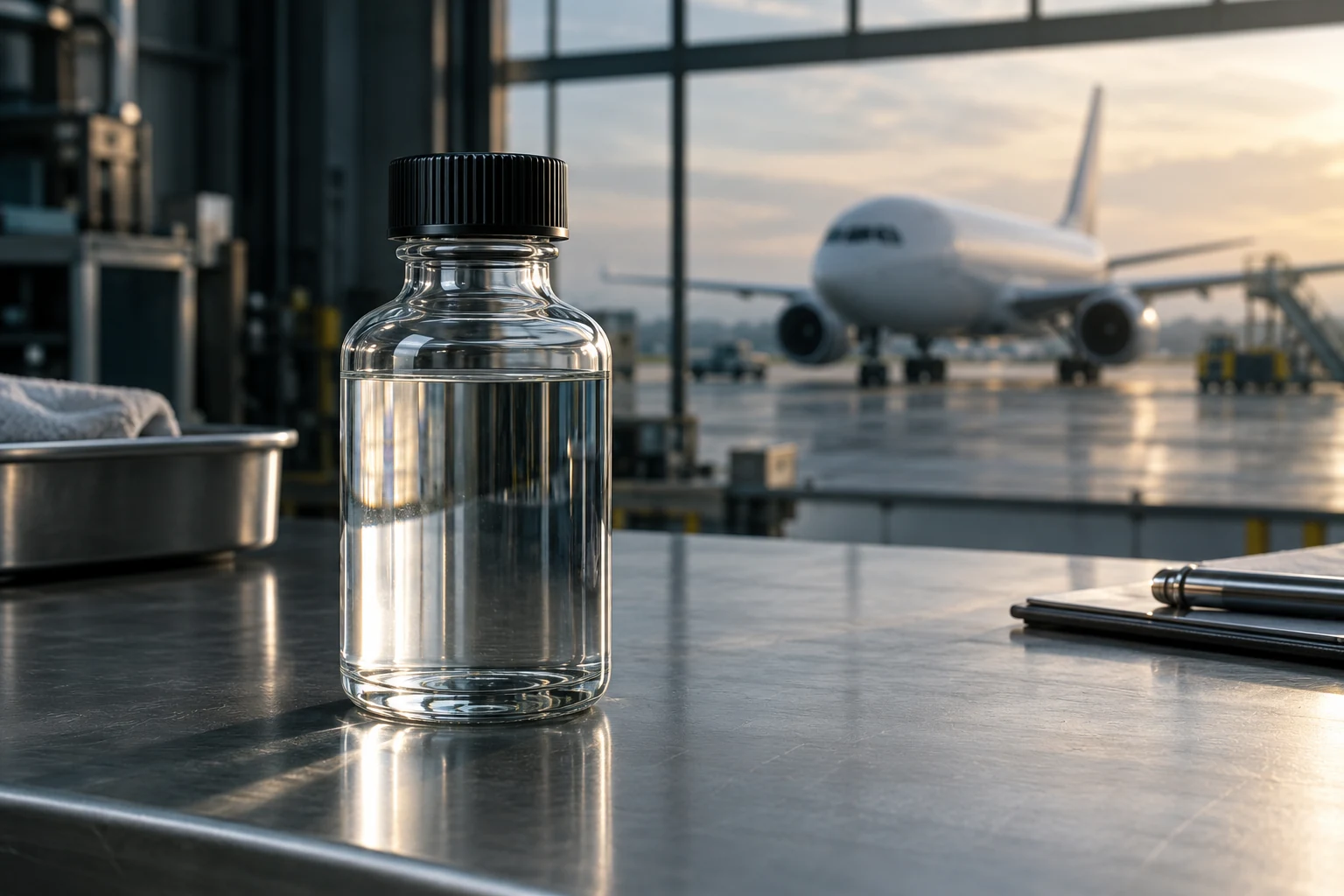 Illustration of an aviation fuel sample with an aircraft blurred in the background