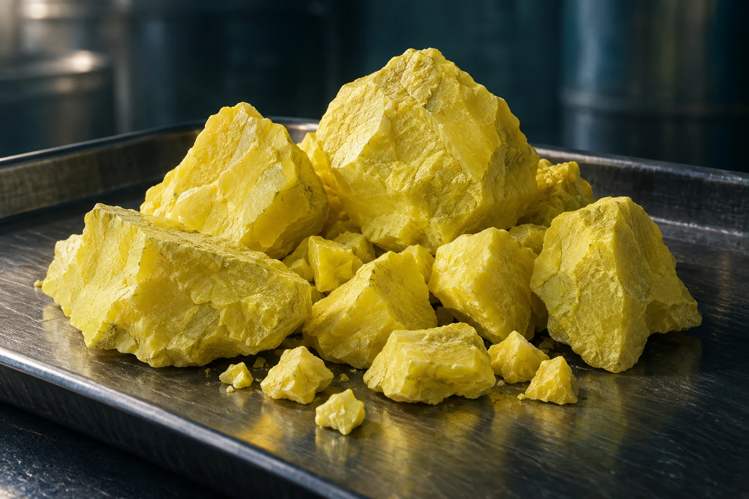 Illustration of bright yellow lump sulphur in a dark metal sample tray