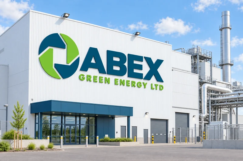 ABEX Green Energy plant building with process equipment and stack behind it